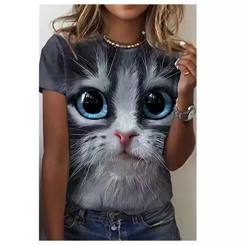 

2023 Summer Fashion Woman Blouses T-shirt Women's 3d Cats Print Black Kawaii T Shirt Female Clothing Oversized Short sleeve 티셔츠
