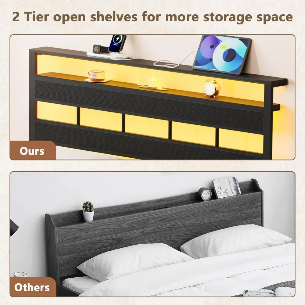 Bed Frame with LED Light and Charging Station, Wood Storage Headboard with 2-Tier Shelves, Metal Platform Bed 5