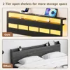 Bed Frame with LED Light and Charging Station, Wood Storage Headboard with 2-Tier Shelves, Metal Platform Bed 5