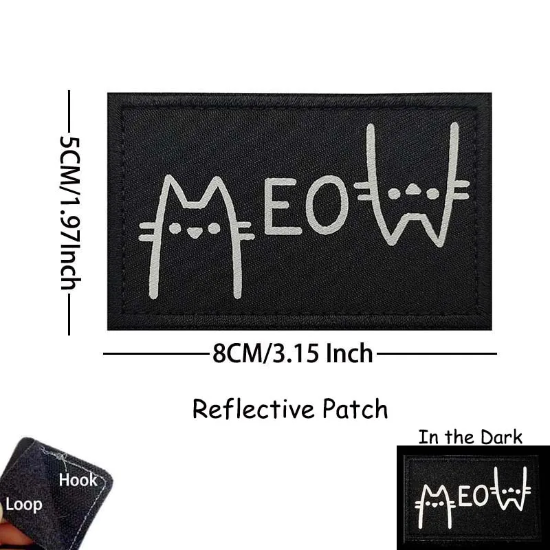 Cute Cartoon Kitten Meow Patch - Reflective Hook & Loop Applique for Clothes and Backpacks