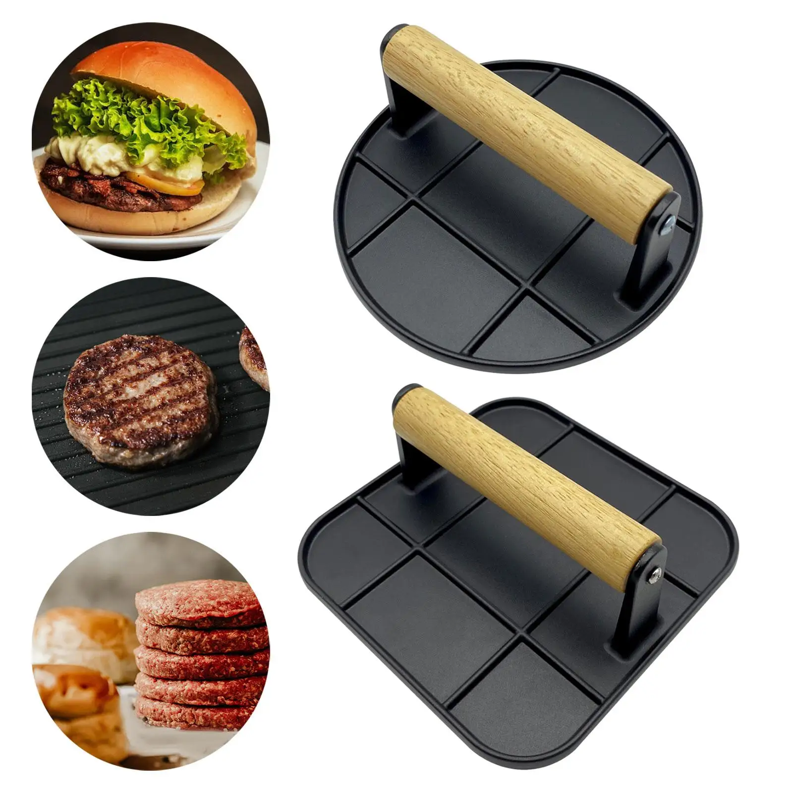 Burger Press Professional with Wooden Handle Griddle Accessories Nonstick Griddle Press for Beef Steaks Sandwich Cooking BBQ