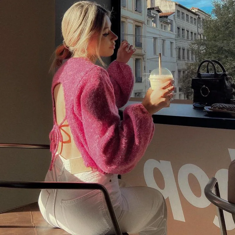 

Solid Knit O-neck Back Cut Out Women Sweaters Oversized Lace-up Long Sleeve Crop Top Knitwear Autumn Chic Sexy Highstreet Cloth