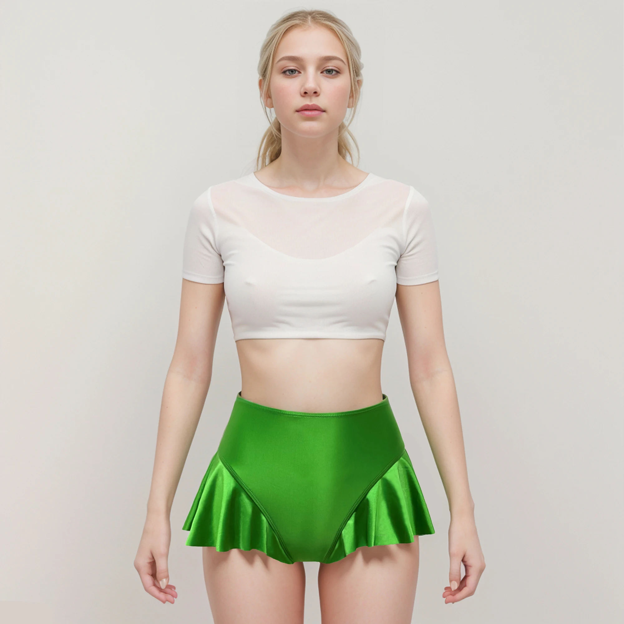 XCKNY Sexy glossy skirt Silky Solid thong RUFFLE CROSSOVER Underpants Oily Miniskirt T-back skirt sexy Bikini