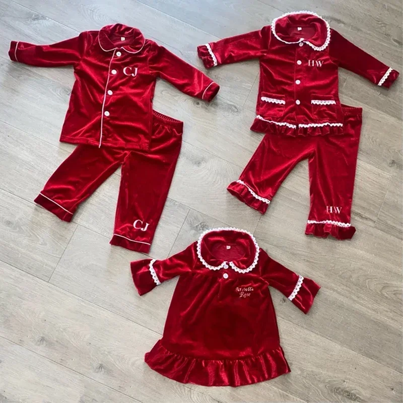 thumbnail image 5 of Venta caliente Conjunto de pijamas a juego para la familia Pijamas navideños para madres e hijos Pijamas con volantes de terciopelo rojo para bebés Pijamas para niños y niñas Conjuntos para hermanos, 5 of 5