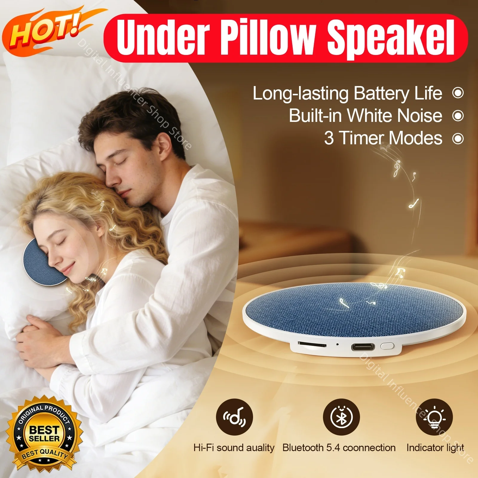 Mini Under Pillow Sleep Speaker Bluetooth 5.4 Hi-Fi Dynamic Sound Wireless Music Player Bedside Ultrasonic Sleep Aid Device