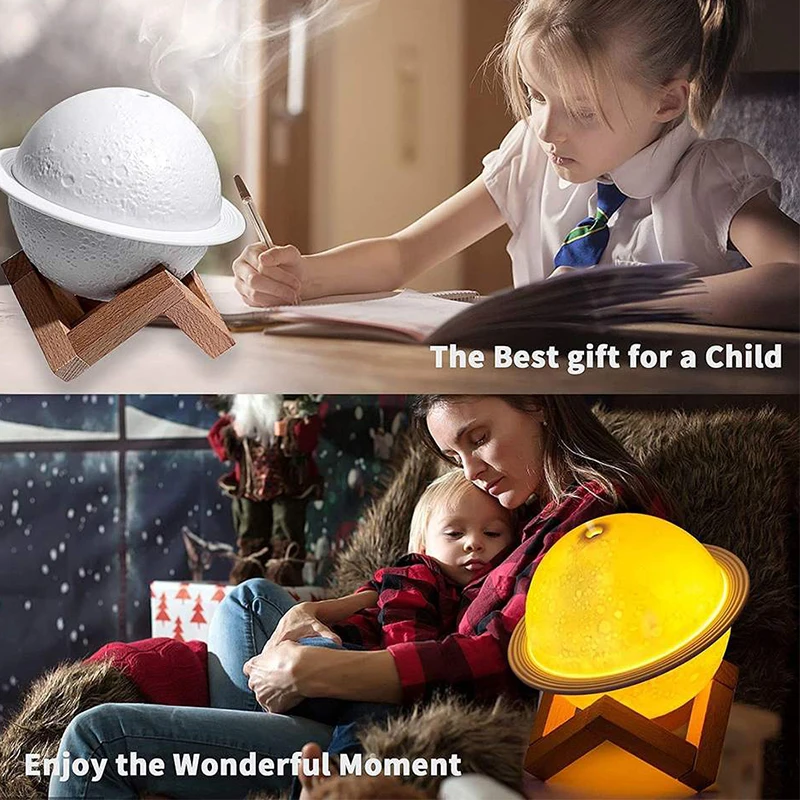 200Ml Round Planet Colorful Cold Mist Large Portable Mini Wood Stand Usb Desktop Moon Lamp Humidifier With 3 Colors Night Light