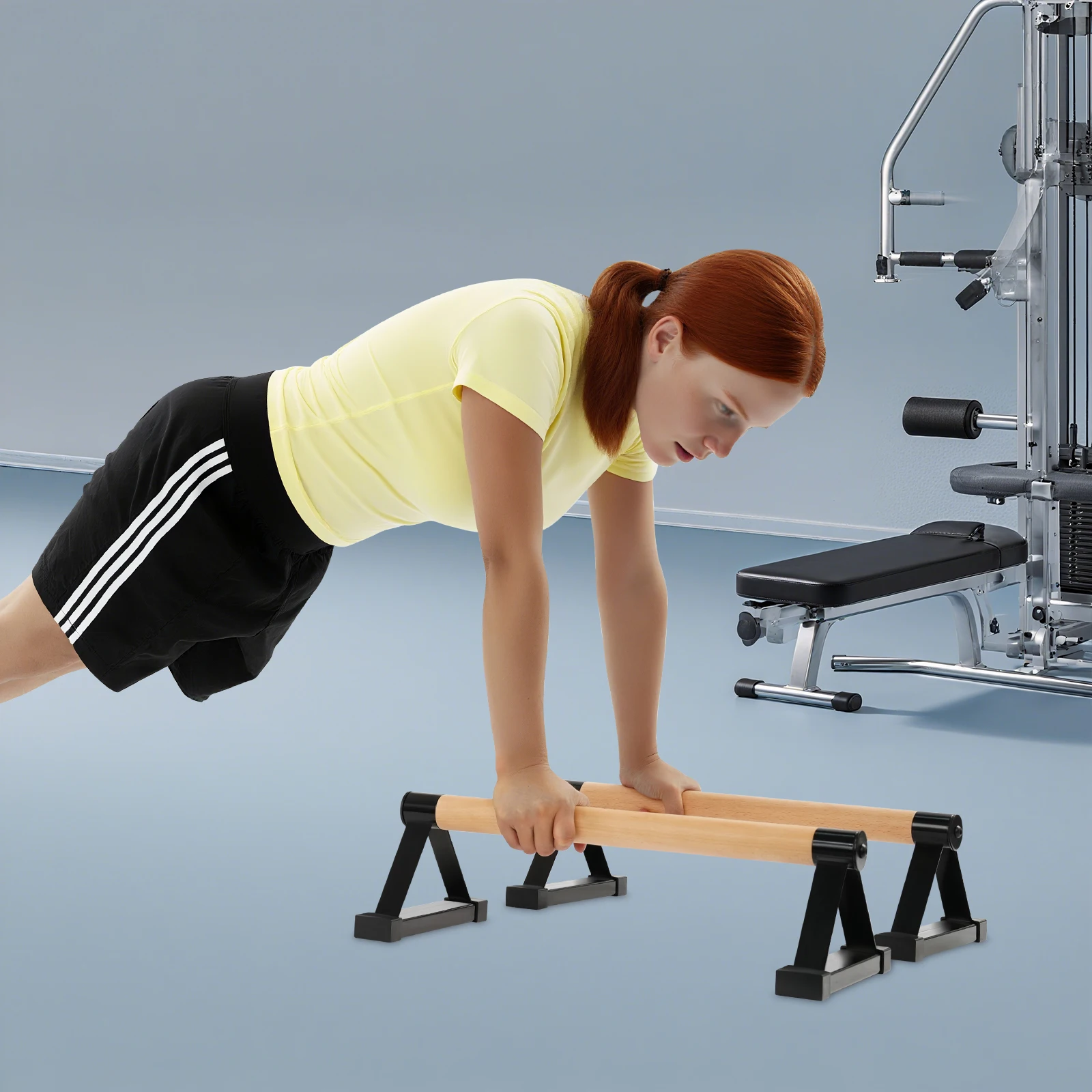 50 cm rote dreieckige Push-Up-Stangen, Handstandstangen aus Buchenholz und Stahl, 400 kg Tragfähigkeit, Calisthenics Push-up-Ständer, freistehend – Detail 10