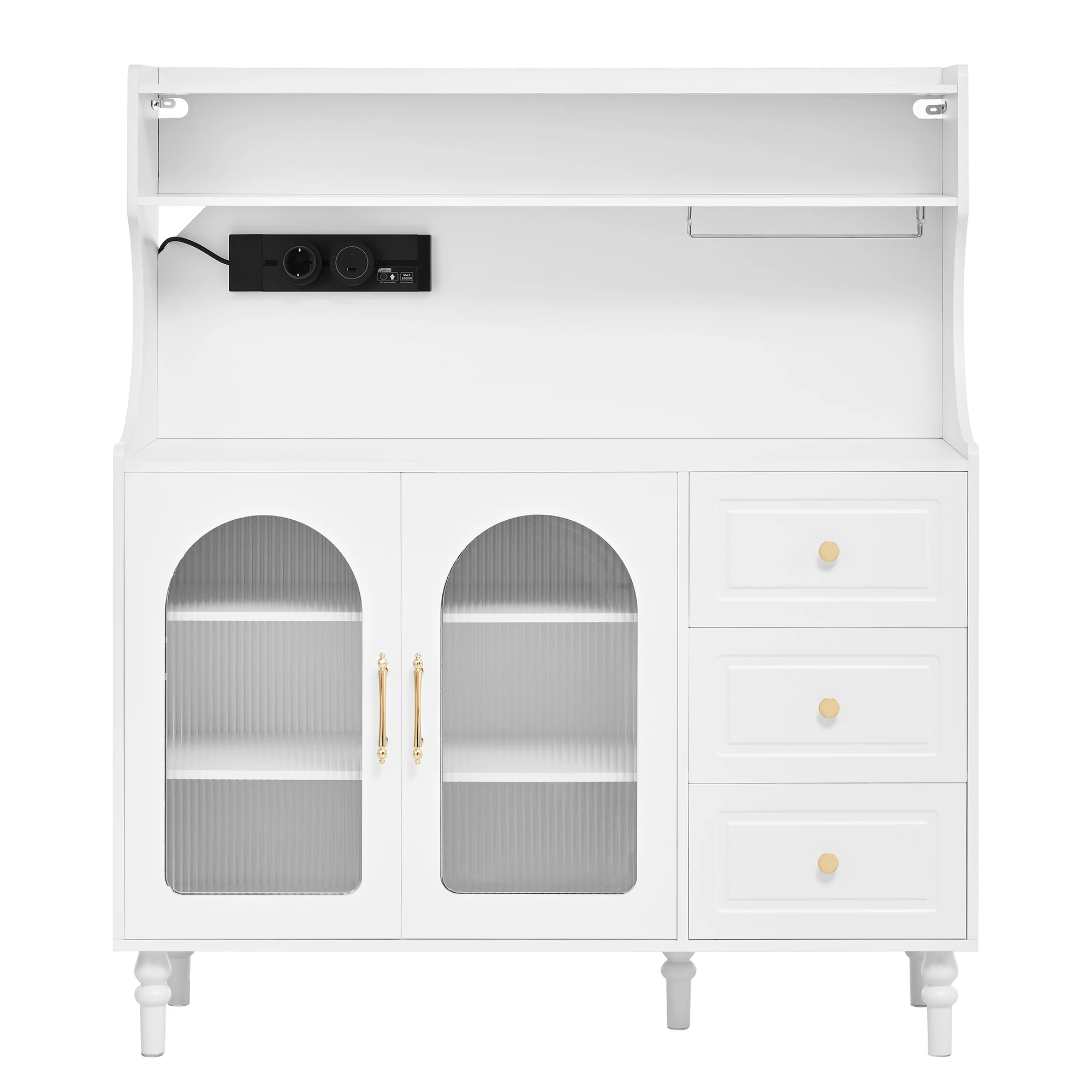 Hoher Schrank mit Steckdosen und Schubladen, Barschrank mit Weinglashaltern und Stauraum, Küchensideboard mit verstellbaren Elementen – Detail 10