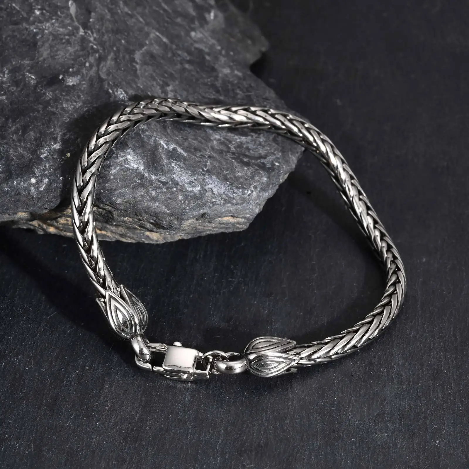 Punk Men's Chain Bracelet,Vintage Stainless Steel Handmade Wheat Chain Bracelet,Birthday Jewelry Gift for Husband Father BBF