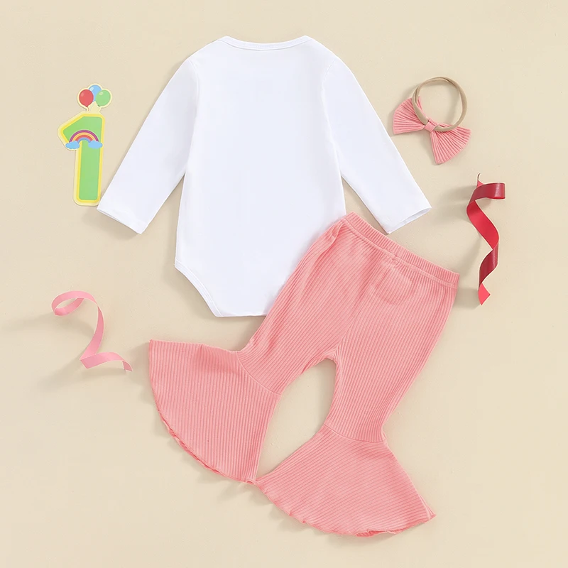 

Infant Baby Girl My 1st Birthday Outfits Snowflake Long Sleeve Romper Rib Flared Pants Hairband Cake Smash Clothes