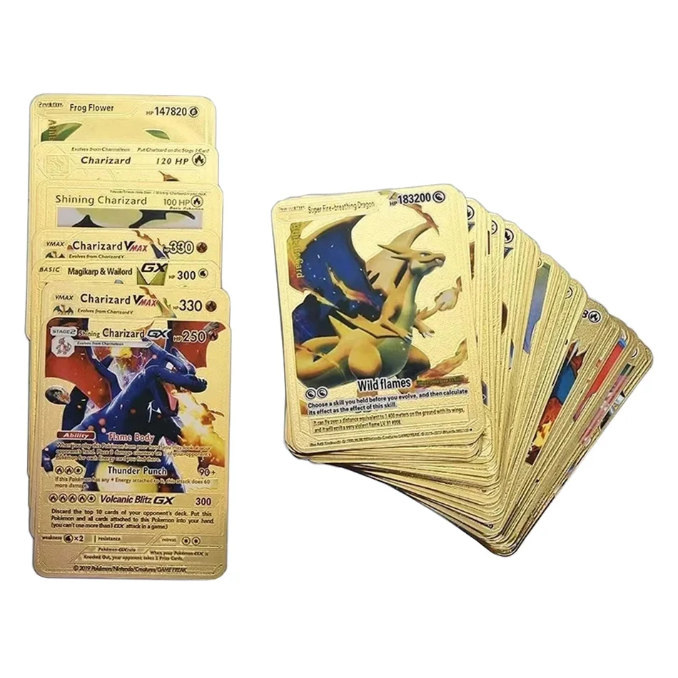 Acheter 27-55 pièces Carte Pokemon Francaise espagnol anglais Carte Pokemon  feuille or argent cartes Metalicas Charizard Vmax Gx série Carte de jeu