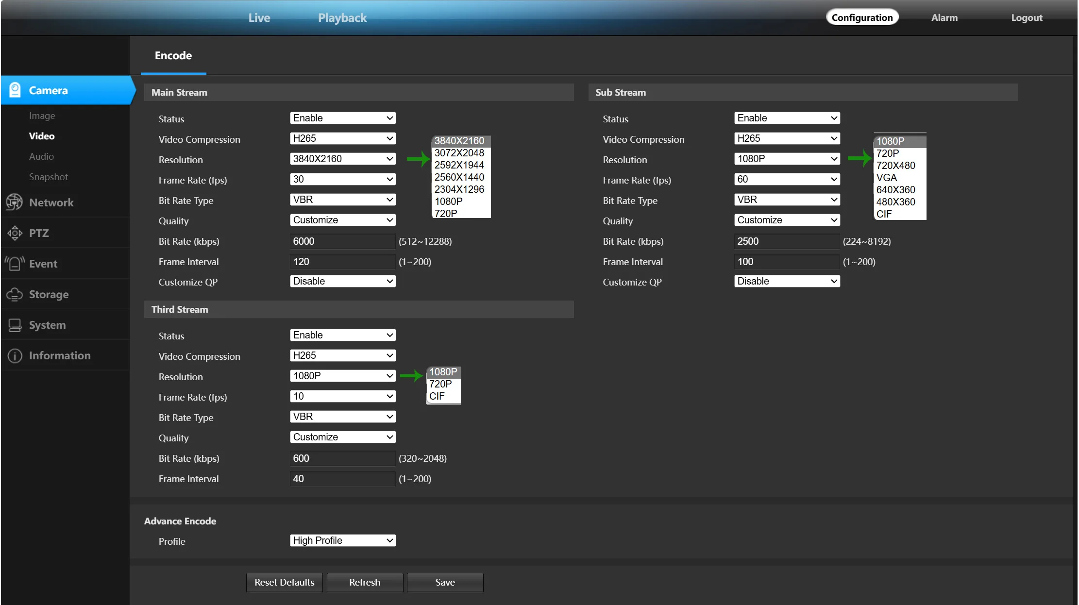 Kaamera seadete ekraanipilt