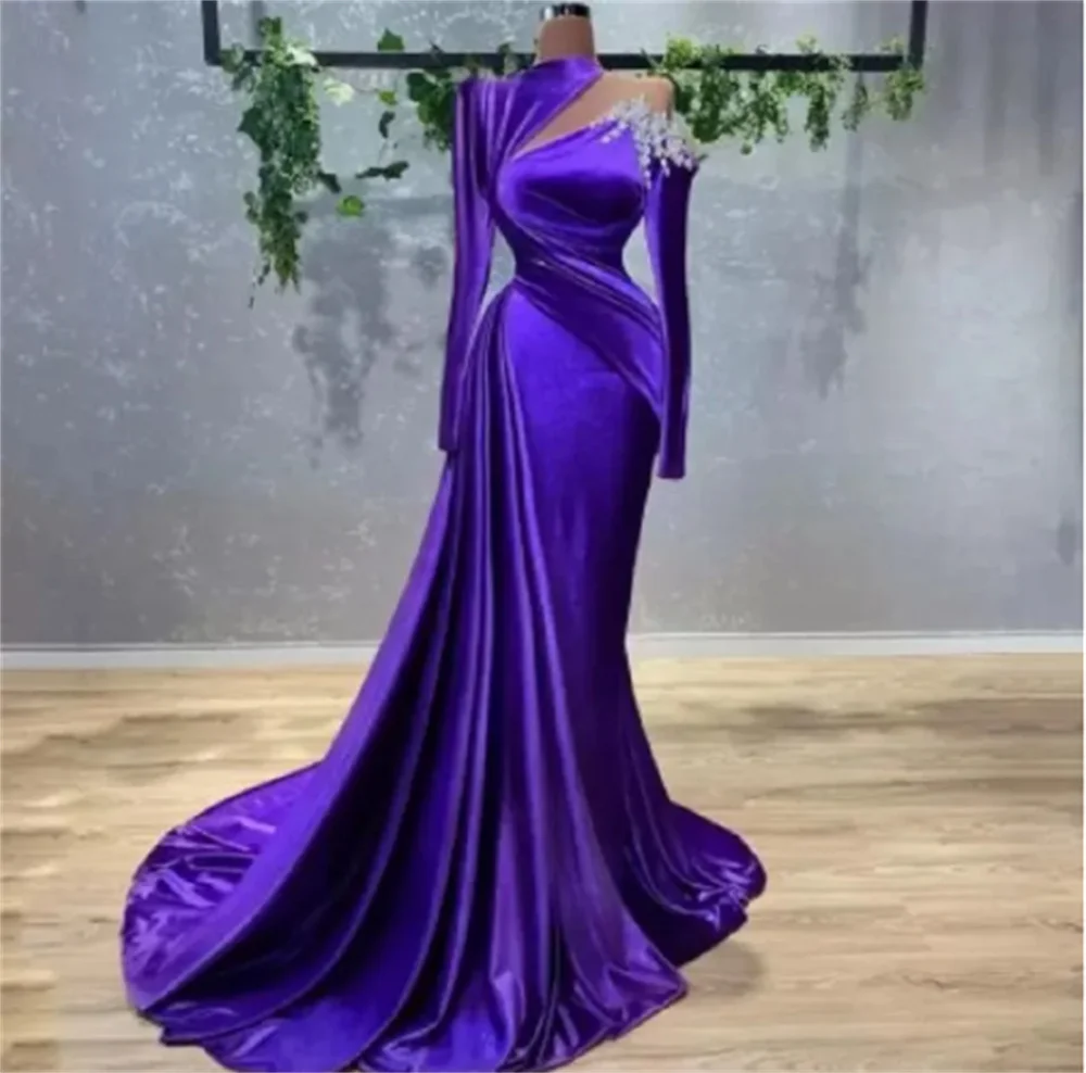 

Purple Mermaid Evening Dresses With Beaded Crystals Long Sleeve Velvet Satin Party Gowns Pleats Ruffles Prom Dress فساتين سهرة