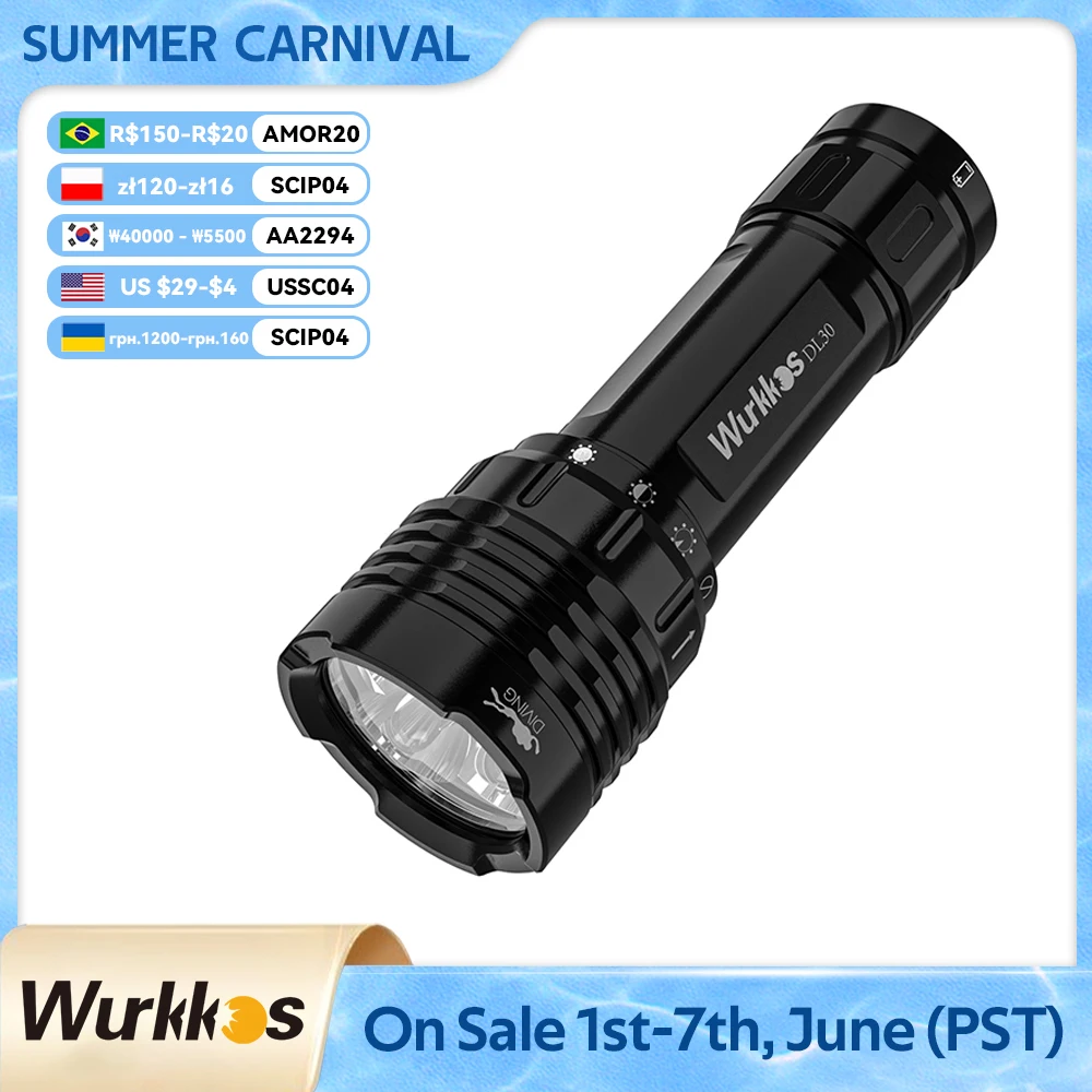 Wurkkos DL30 Camping Lamp Fishing Underwater Lantern 3600LM Diving Flashlight LH351D LED Work Light IPX-8 Magnetic Rotary Switch