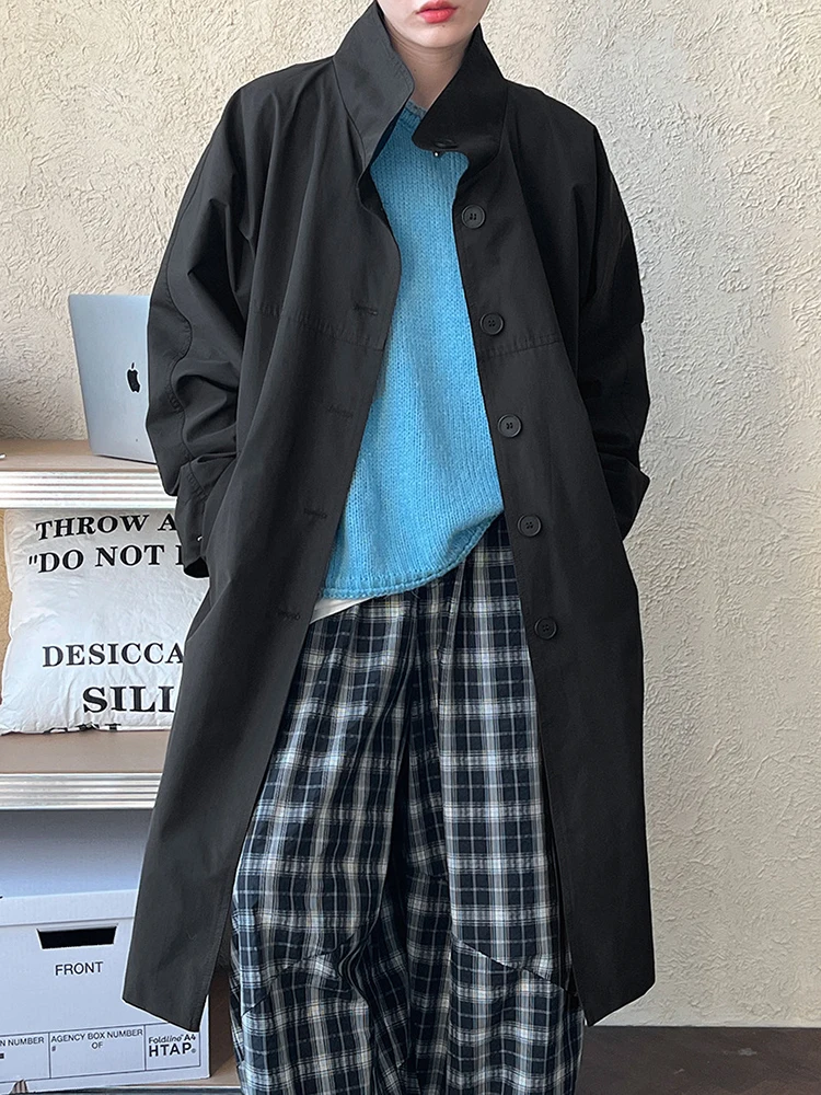 [EAM] Women Navy Blue Big Size Long Elegant Trench New Stand Collar Long Sleeve Windbreaker Fashion Spring Autumn 2025  1DH6843 6