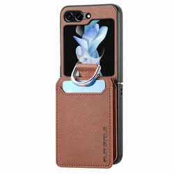 Lychee Pattern Leather Wallet Case with Card Holder and Finger Ring - Soft Protective Cover - Samsung Z Flip 1 (Brown)