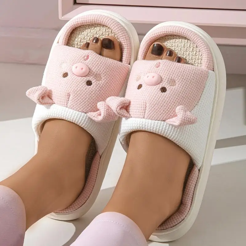 Linen Platform Slippers Women Home Cute Animal Cartoon Designer Shoes Girls Flats Fashion House Casual Footwear Elegant Big Size 6