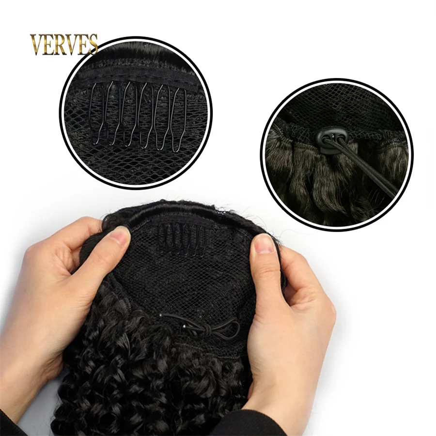 VERVES Synthetic Drawstring Puff Ponytail Afro Curly 16 Inch Hair Extension Clip In Pontail African Ombre Long Hair