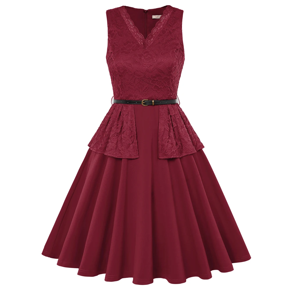 

BP Women Lace Patchwork Dress With Belt Sleeveless V-Neck Flared A-Line Dress Party Evening High Waist Korean Style Dress
