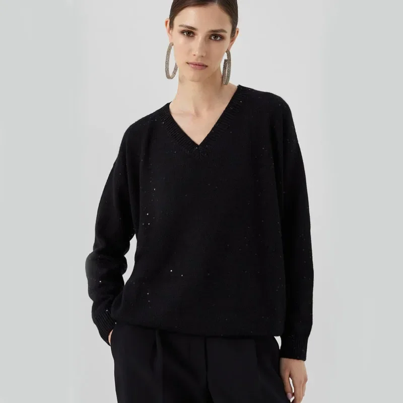 

2023 Autumn and Winter Women Knitted Cashmere Sweater Temperament Casual V-Neck Silk Sweater