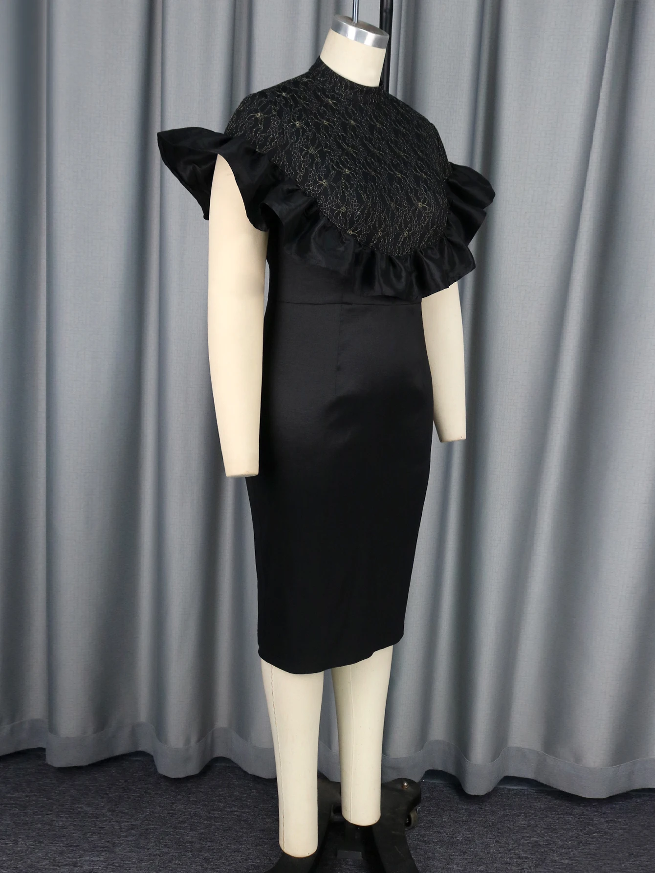 Black Vintage Dress Mock Neck Cape Sleeve Lace Patchwork High Waist Slim  Fit Women Office Evening Party Midi Gowns Outfits 4XL - AliExpress 200000345