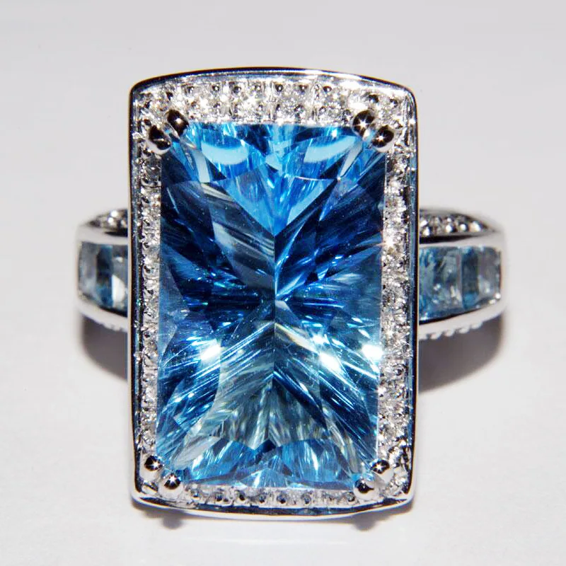 

NEW Exaggerated Rectangle Ocean Blue Topaz Sapphire Full Diamond Couple Ring For Women Silver-Plated Engagement Bridal Jewelry