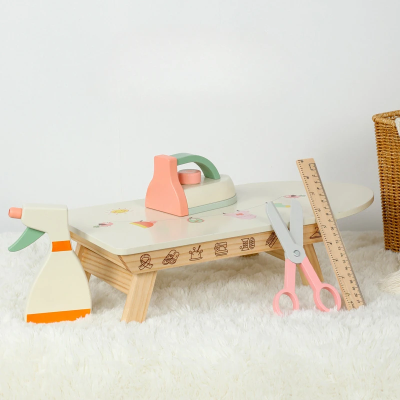 Montessori Wooden Pretend Play Housekeeping Ironing Board Iron Rack Interactive Toys Puzzle Simulation Small Appliance Girls Toy