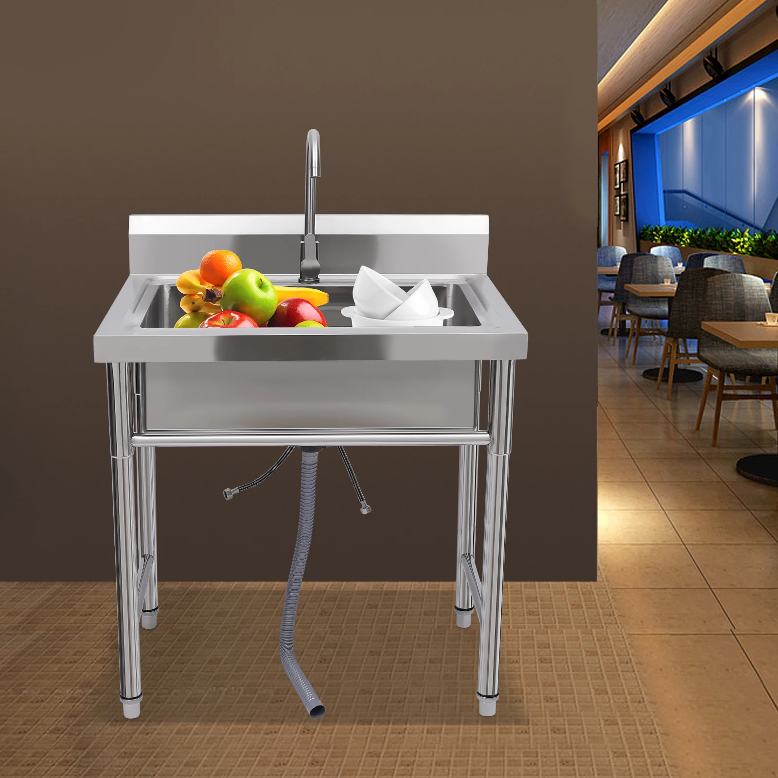25.6x16.14x9.05 inch Freestanding Stainless Steel Commercial Sink with Single Bowl, for Garage Bar Restaurant 3