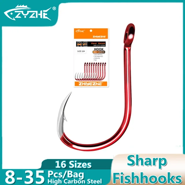 ZYZ Red Fishing Hooks 16 Sizes 8-35Piece Pack Sharp Triangular