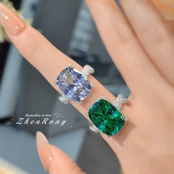 Anello in argento sterling S925, anello di lusso leggero e alla moda con diamante rettangolare a carati grandi intarsiato con diamante ad alto contenuto di carbonio, anello da donna