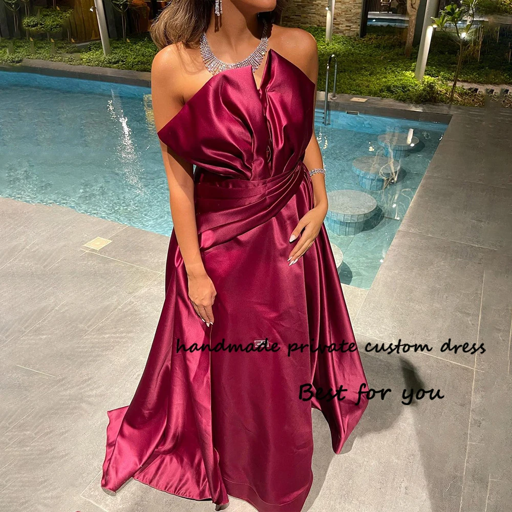 

Fuchsia Satin Evening Prom Dresses for Women Pleats Strapless Arabian Dubai Formal Party Dress with Train Long Evening Gowns