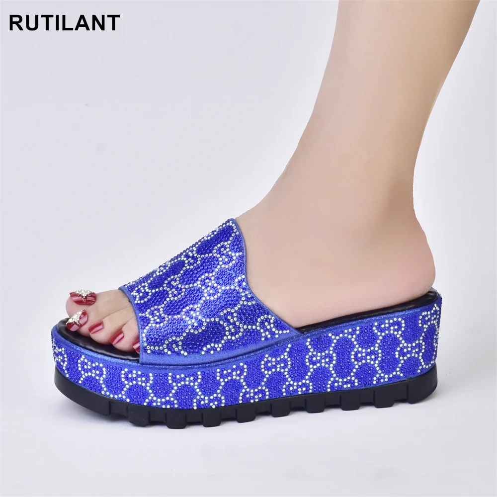 

New Fashion Fish Mouth Wedge Platform Women's Shoes Decorated with Rhinestone Plus Size Shoes Luxury Nigeerian Women Party Pumps