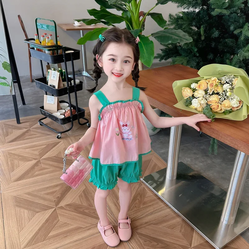 

Summer Baby Girls Clothing Sets Children Cartoon Vest Shorts Kids Beach Vacation Costume Inafnt Outfits2-8 Years Casual Clothes