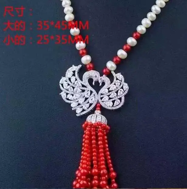 

Natural 8-9mm White Freshwater Pearl red coral swan micro inlay zircon pendant Necklace jewelry