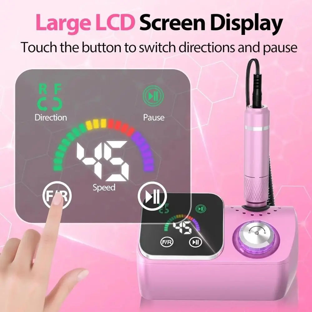 휴대용 ABS 전동 네일 드릴 머신 충전식 45000RPM 네일 드릴 머신 LCD 디스플레이 핑크 고속 네일 드릴 가정용