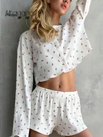 Ahagaga Fashion Loose Women's Suits Sets Flower Solid O-Neck Regular Long Flare Sleeves Boutton Sleepwear 2 Pcs (Tops + Short)