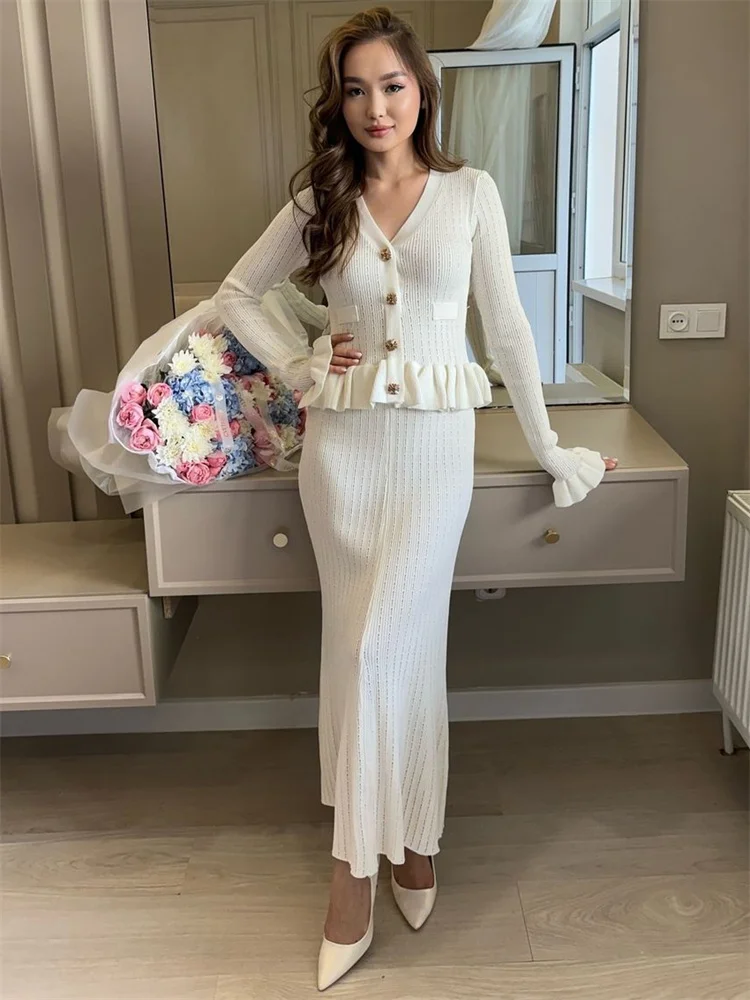 Autumn Knit 2 Piece-Set Long Skirt For Women V-Neck Ruffled Ribbed Elegant Party Looks Outfits Female Knitwear Slim Sets