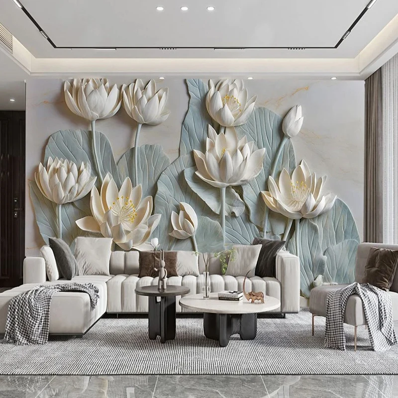 Gravado Lotus Flores Papel de Parede Personalizado Moderno Luz Azul Mural Sala de Estar tv Sofá Quarto 3d