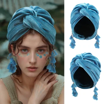 2025 Nuove Signore Velluto Turbante Cappelli Donna Musulmano Moda retrò Frangia a pieghe Bohemian Nappa Croce headwarp Hijab 1