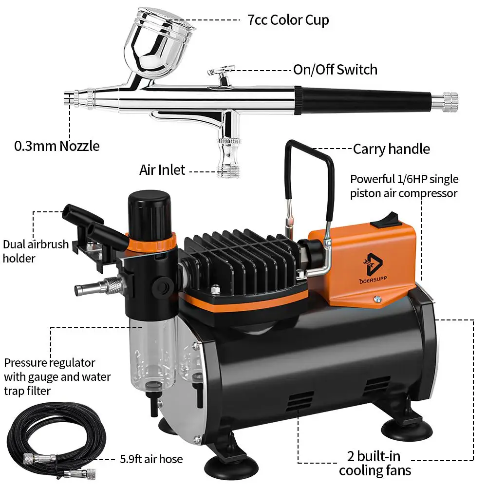 Master Airbrush Multi-purpose Gravity Feed Dual-action Airbrush Kit with 6  Foot Hose and a Powerful 1/5hp Single Piston Quiet Air Compressor