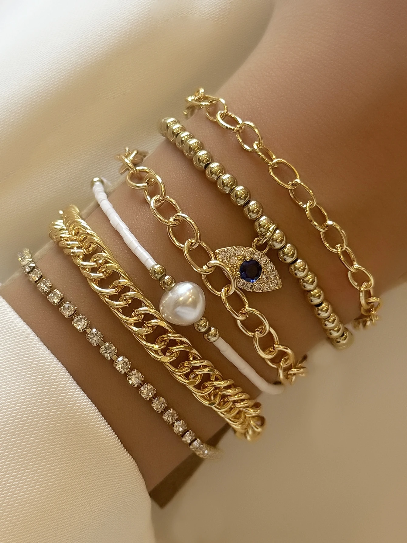 6pcs Cuban Punk Devils Eye Rhinestone Chain Multi-Layer Bracelet for Women