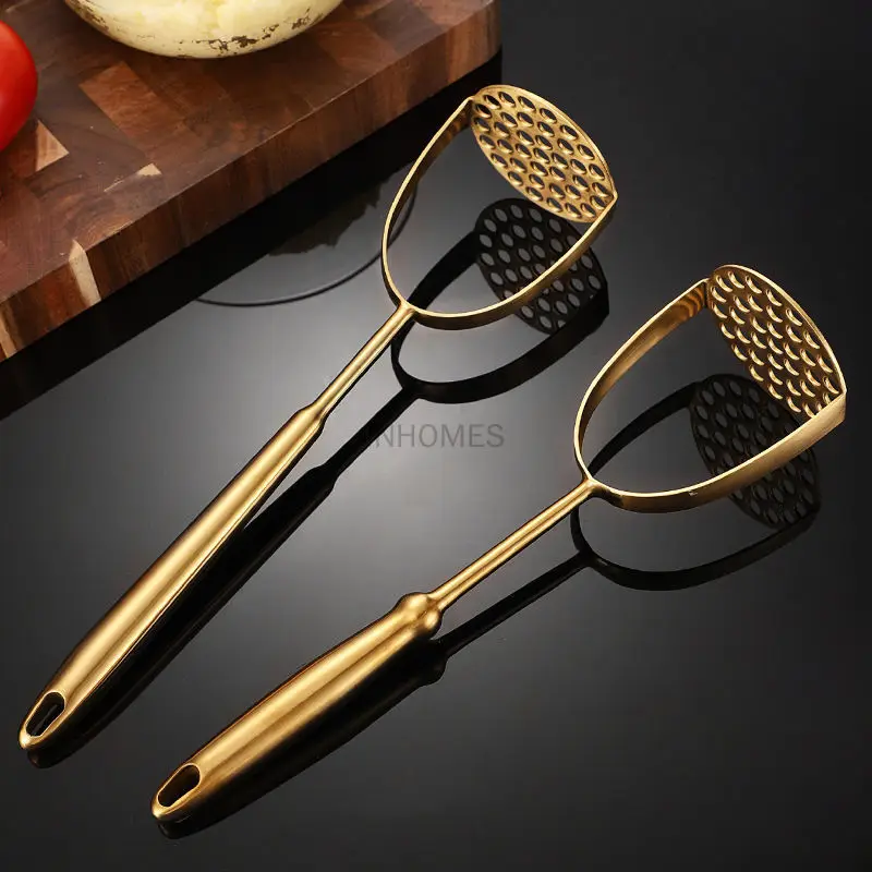 US$ 8.99 - Cooking Tool Potato Masher,Stainless Steel Gold Handle