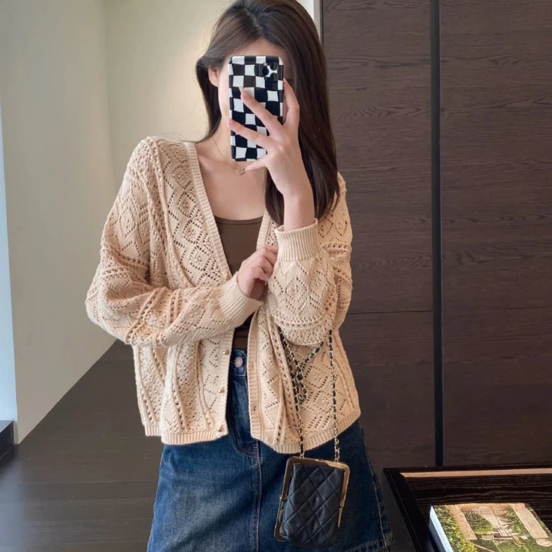 

Autumn and Winter New Style Hollow Knitted Loose Sweater V-neck Cardigan Women