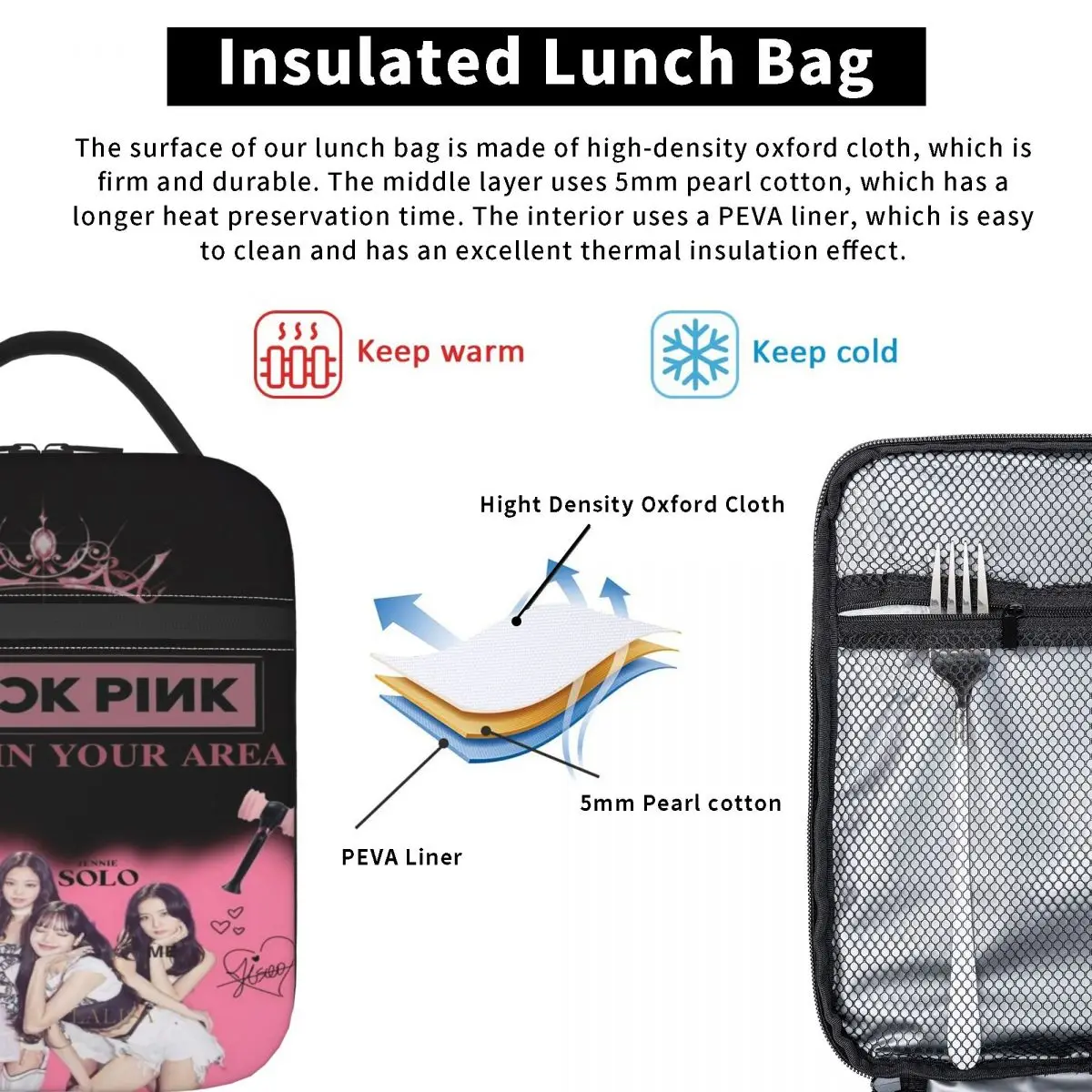 Custom Pinks Kpop-Blacks Portable Lunch Box Women Multifunction Cooler Thermal Food Insulated Lunch Bag School Children Student 4