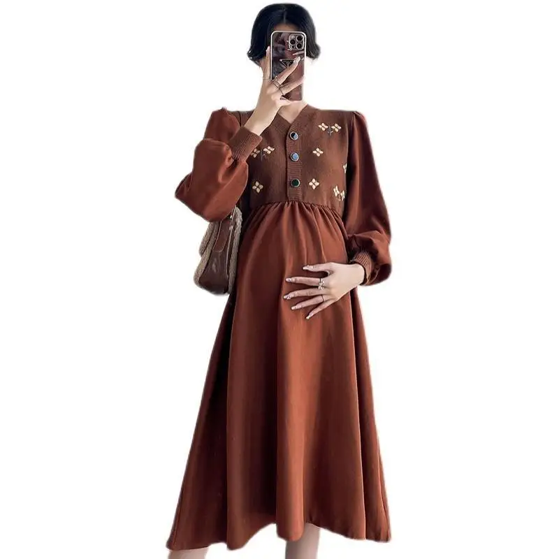 

Autumn Embroidered Patchwork Maternity Dress Sweet Chic Ins Elegant A Line Loose Clothes for Pregnant Women Pregnancy Clothing
