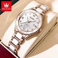 OLEVS Watches for Women Waterproof Ceramic Strap Women's Watch Luxury Diamond Inlay Luminous Dial Calendar Original Quartz Watch 1