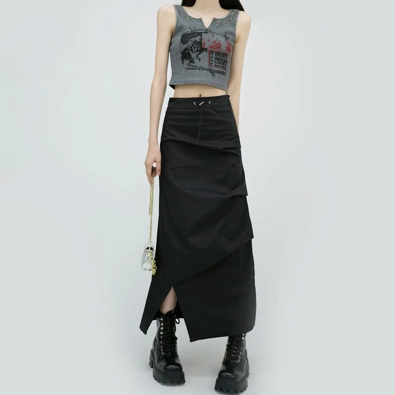

GUUZYUVIZ High Waist Fold Straight Side Split Long Skirt For Women Fashion 2023 Y2k Hot Girl Black Drawstring Athflow Jupe Femme