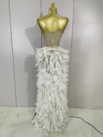 Sparkly Rhinestones Feathers Long Tail Bodysuits Sexy Mesh Transparent Stage Dress Evening Party Celebrate Luxury Birthday Dress - Image 3