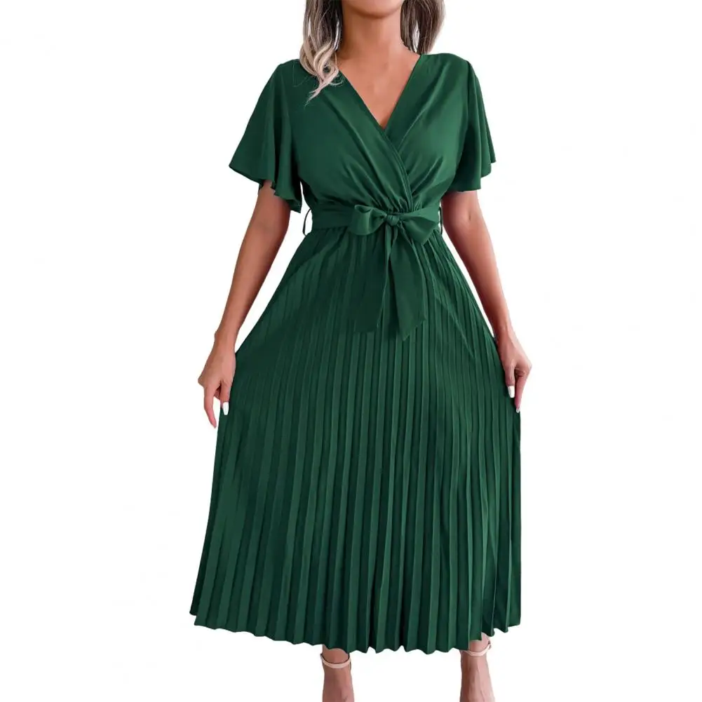 

Popular Elegant Solid Color V-neck Butterflies Sleeve Holiday Midi Dress High-Waist Breathable Midi Dress Female Clothes