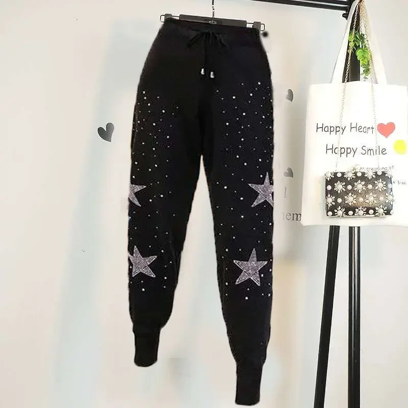 2021 Autumn New Women's Korean Version of The Nine-point Lace-up Stretch Black Hot Diamond Pants High-waisted Harem Sweatpants